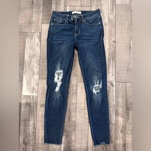 Kancan mid rise distressed knee dark wash denim- size 5.